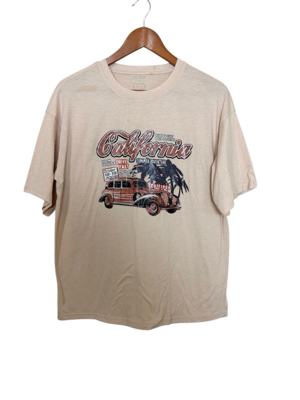 SHEIN Beige California Graphic Short-Sleeve Crew Beck CottonTee Size XS - Picture 2 of 12